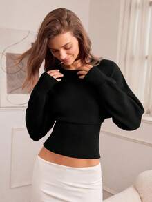Hanevo Casual Round Neck Drawstring Waist Slim Fit Solid Color Knit Sweater, Versatile For Autumn/Winter - Black - View 7