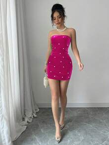 Elenzga 万圣节黑色无肩带珍珠腰天鹅绒优雅浪漫女装 - 玫紅色 - 查看 4