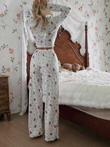 CottageSlumber 浪漫碎花蕾丝边圆领长袖睡衣套装，冬季女式睡衣套装，泰迪熊睡衣套装，长袖睡衣套装，两件套睡衣套装 - 白色 - 查看 2