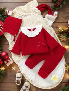 3件套婴儿酒红色毛衣套装：荷叶边领蝴蝶结毛衣+新生儿打底裤+帽子，可爱休闲风红色婴儿针织套装，女婴红色针织套装，女婴圣诞套装，红色婴儿套装，女婴冬季服装套装，红色女婴套装，女婴针织套装，婴儿套装，秋冬季两件套，女婴保暖套装，两件套婴儿套装 - 酒紅色 - 查看 5
