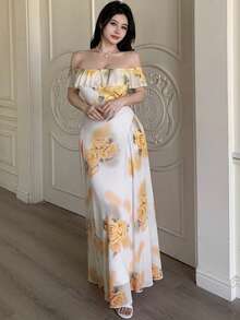 Modelyn 女士网纱印花露肩荷叶边摆摆连衣裙，夏季 - 黃色 - 查看 4
