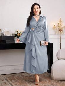 Modelyn Plus Size Elegant Party Solid Color Flare Sleeve Wrap Dress - Grey - View 5