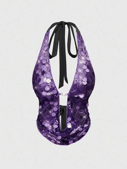 Top corto con scollo drappeggiato e perline in stile retrò Y2K per donna