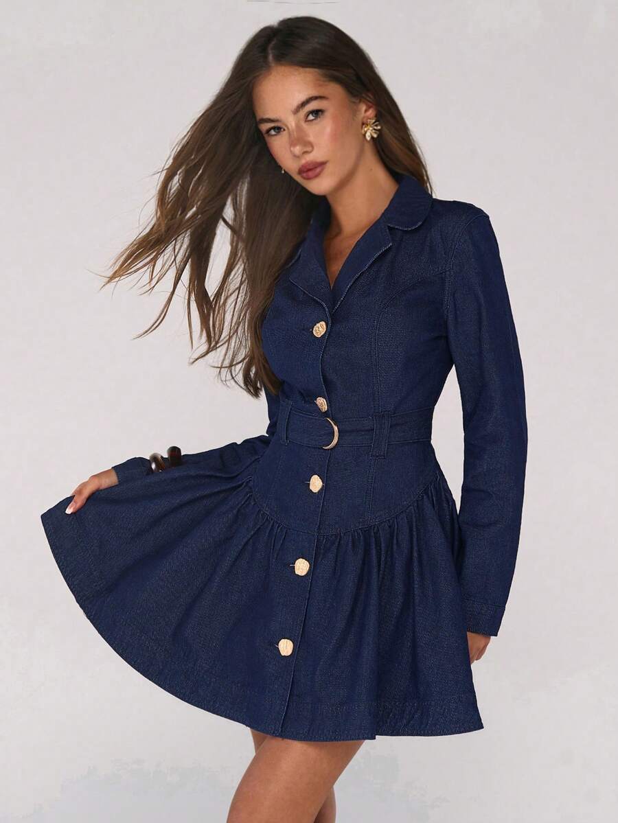 Avantive Váy denim cài nút phía trước thời trang nữ, thích hợp mặc đi làm - Rửa tối - Xem 1