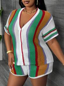 Slaydiva Große Größen V-Ausschnitt Strickjacke Kurzarm Shorts Set, vertikale gestreifte Farbblock, lässiger Urlaubs-Sommer-Strick