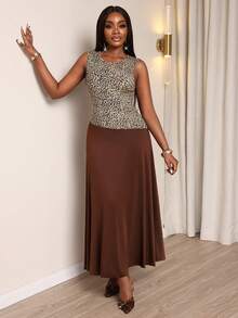 Xyvia Women's Elegant Leopard Print Contrast Color Design Sleeveless A-Line Midi Dress, Versatile All-Match Style, All Season