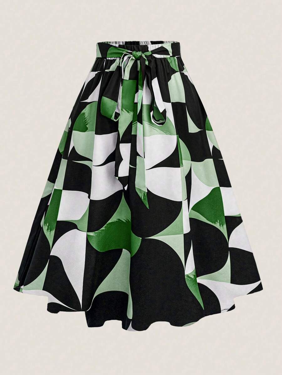 SHEIN Clasi Plus Size Women Elegant Geometric Print Pattern Midi Skirt - Dark Green - View 1