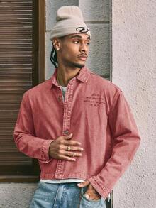 AXEPEAK Jaket Denim Pria Lengan Panjang Model Longgar Kasual - Berwarna merah muda - View 5