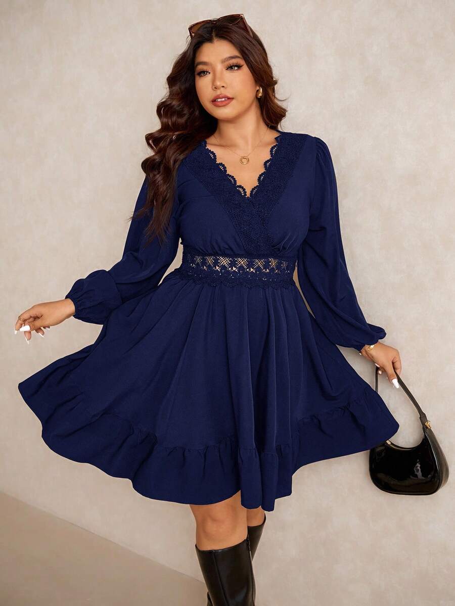 Elaquor 大码优雅通勤纯色蕾丝拼接连衣裙，秋季 - 藏蓝色 - 查看 1