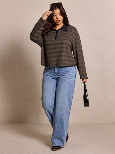 Elaquor 大码休闲简约百搭百搭条纹撞色 Polo 领 T 恤女士