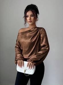 Elenzga 女士纯色灯笼袖不对称肩部宽松时尚衬衫 - 咖啡棕 - 查看 4