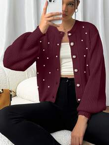 EURMUSE Damen einfarbiger Knopf-Laternenschlitz-Perldetail Oversize Strickjacke - Bordeaux - Übersicht 7