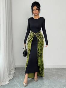 Elenzga Vestido de mujer con diseño de parche de estilo retro europeo y americano, cuello redondo, vestido de terciopelo estilizante de parche 2 en 1 con decoración de hebilla de metal en la cintura, dobladillo plisado irregular, elegante y exquisito vestido de fiesta de noche, vestido de manga larga, adecuado para mujeres de 20 a 35+ años para vacaciones, citas, galas