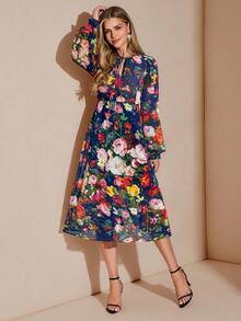 Amorya Women's Elegant Floral Print Chiffon Tie-Waist Midi Dress, Flattering Fit Suitable For Daily Wear, Afternoon Tea And Multiple Occasions, Autumn - Navy Blue - View 5