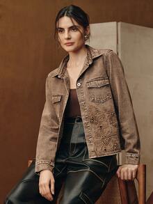 Anewsta 女士优雅派对休闲时尚刺绣设计棕色牛仔衬衫外套，适合春秋季穿着 - 卡其色 - 查看 2