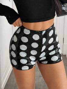 SHEIN EZwear Black Shorts Christmas New Year  Party Sequin Fashionable Casual Sequin Polka Dot Women Shorts Sequin Shorts Polka Dot Shorts Black And White Shorts - Black - View 6