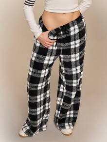 Hanevo Women's Fashionable Plaid High Waist Drawstring Elastic Waist Straight Leg Fleece Pants, Winter - Multicolor - View 4