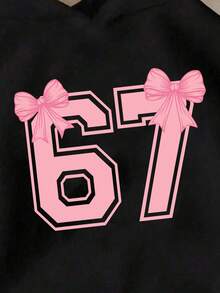 Sparklyn Estilos acogedores de otoño e invierno, sudadera con estampado gráfico de número 67 y lazo minimalista fresco y personalizado de moda informal para niña preadolescente, cómoda para otoño/invierno - Negro - Ver 3