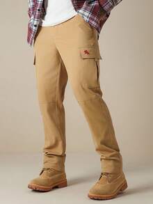 Manfinity Nomadique 男士卡其色刺绣休闲直筒斜纹布裤 米色男士长裤 男士卡其裤 男士工装运动裤 男士工装裤 工装裤 复古风格，适合日常休闲、周末旅行、户外活动、探险旅行、轻松的工作环境或半正式场合，可作为男友/丈夫礼物、周年纪念/生日礼物、派对、圣诞节、新年、婚礼礼物 - 卡其色 - 查看 5