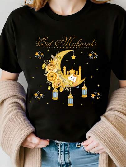 INAWLY 女式斋月穆月亮和星星印花 T 恤，带有可爱的猫咪图案，适合所有季节的短袖休闲上衣