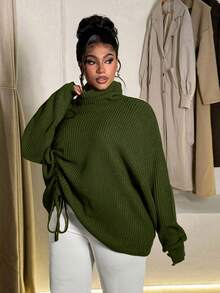 Maweii Plus Size Women High Neck Casual Drawstring Design Pullover Sweater - Green - View 3