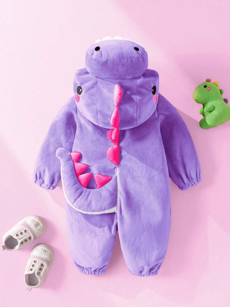 SHEIN Macacão de Bebê Recém-Nascido Fofo e Engraçado com Dinossauro de Pelúcia 3D em Formato de Cristal, Manga Longa e Calça - Púrpura - Visão 3