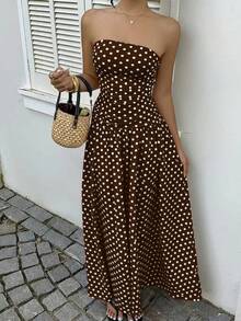 MainGRL Women's Polka Dot Print Waist Cinched Bandeau Dress, Vacation Style,Dresses For Women Casual Sun Dress Long Brown Long Dress Brown Sundress Brown Maxi Dress Brown Polka Dot Dress - Brown - View 6