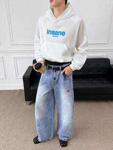 ESTAVOR 男士动物刺绣口袋宽松休闲喇叭牛仔裤 - 藍色 - 查看 8