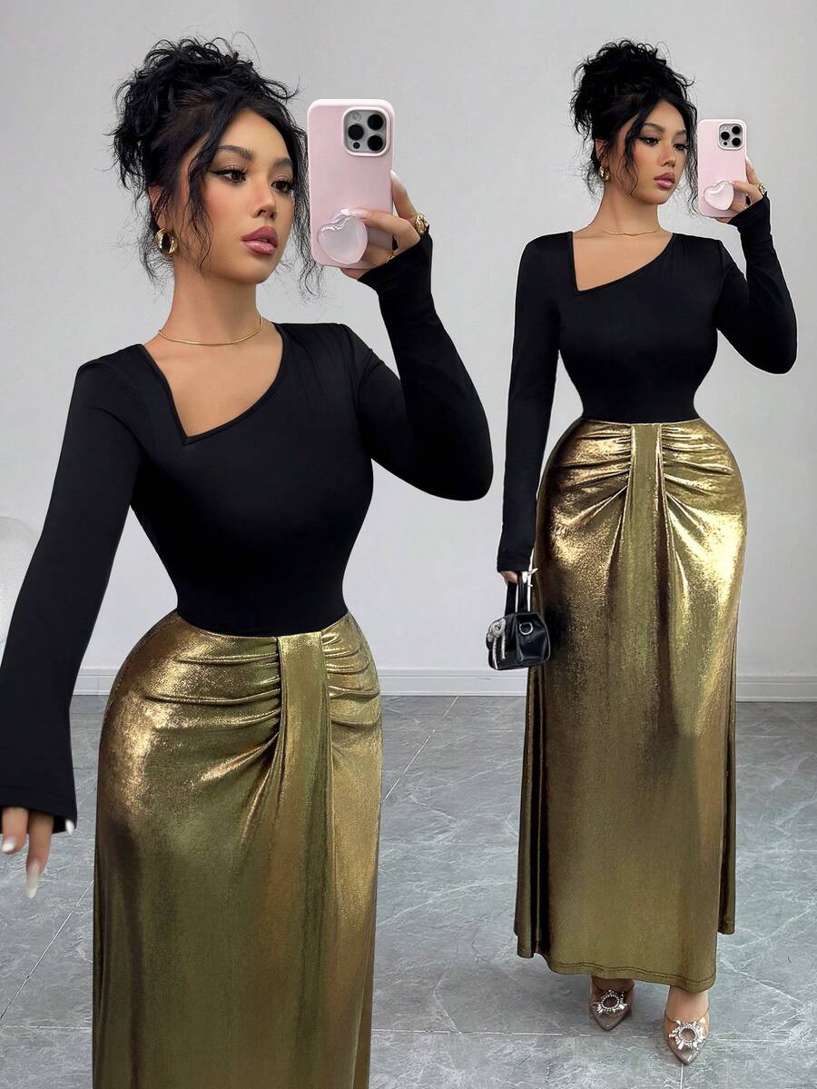 Elenzga Independence Day Party New Fashion Women's Dress, French Elegant Vintage Shiny Stretchy Fabric, Stylish Black+Gold Splice Oblique Collar Ruffle Hem Fitted Flared Hem Casual Versatile Long Sleeve Dress - Black and Gold - View 1