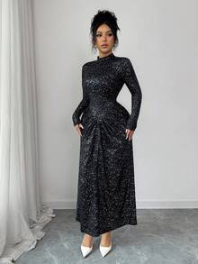 Elenzga Autumn/Winter New French Style Metallic Knit Fabric Elegant Stand Collar Ruched Fitted Bodycon Cocktail Dress, Sophisticated Design, Suitable For Independence Day - Black - View 7