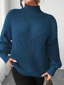 Elenzga Plus Size Women's Solid Color Turtleneck Knit Pullover Sweater, Versatile For Daily Wear, Winter - Royal Blue - View 7