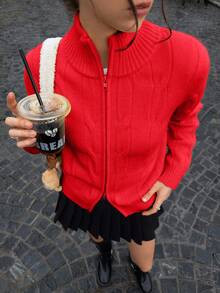 Jouncy 女士休闲纯色立领拉链开衫，秋冬季 - 紅色 - 查看 5