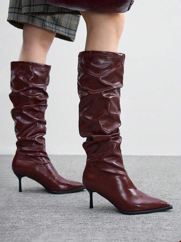 CUCCOO BIZCHIC Women's Pointed Toe Pleated Fashion High Heel Knee-High Boots For Daily Wear For Christmas