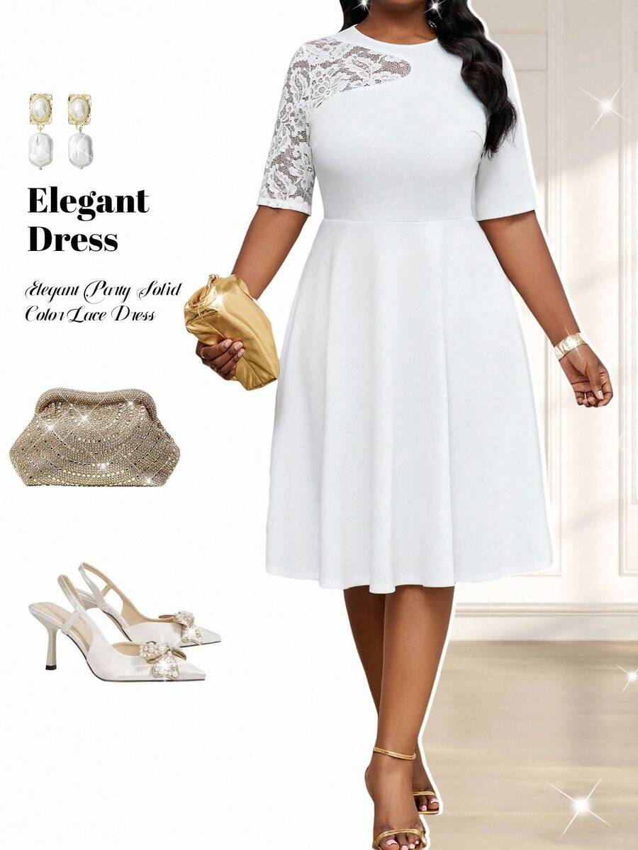 Fleurora 大码女士优雅派对纯色蕾丝拼接中长连衣裙，复活节礼服，女士毕业礼服，婚礼宾客礼服，女士度假波西米亚风邮轮服装，女士正式礼服