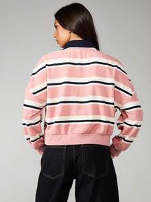 MISSGUIDED 女士条纹翻领卫衣长袖 Polo 衫套头衫休闲粉色海军蓝白色橄榄球衫秋冬学院风 - 彩色 - 查看 2