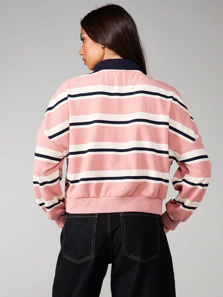 MISSGUIDED Women's Striped Collared Sweatshirt Long Sleeve Polo Style Pullover Casual Pink Navy White Rugby Top Fall Winter Preppy