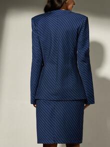 Aveloria Modichic Women's Wide Shoulder Hidden Button Striped Long Sleeve Blazer And Pencil Skirt Suit Set - Navy Blue - View 6
