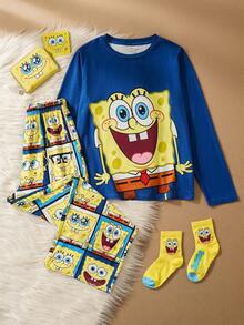 SpongeBob SquarePants | SHEIN Tween Boy Cartoon Multi-Expression Pattern Knit Crew Neck Raglan Long Sleeve Top And Loose Flame Retardant Pants Pajama Set, Autumn/Winter - Blue - View 1