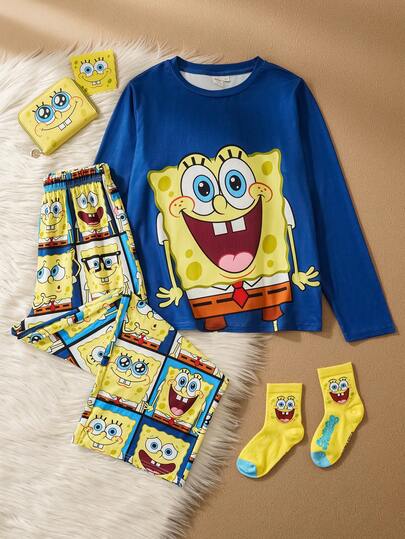 SpongeBob SquarePants | SHEIN Conjunto de pijama de niño preadolescente con parte superior de manga larga de cuello redondo y estampado de patrones de dibujos animados de múltiples expresiones, y pantalones holgados resistentes a las llamas, para otoño/invierno
