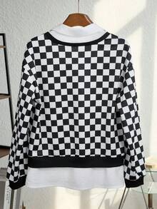 Resyla Women's New Fashion Houndstooth Patchwork White Collar Button Design 2 In 1 Sweatshirt, Retro Stylish Classic Versatile Casual Commuter Loose Fit Slimming Top, Spring Autumn Winter - Black and White - View 2