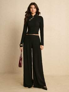 Poéselle 女士优雅两件套：长袖纽扣上衣和阔腿裤 - 黑色 - 查看 5