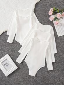 5件套女童针织圆领荷叶边长袖白色连体衣休闲百搭修身打底衫，秋冬季 - 白色 - 查看 2