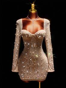 Amplova 女士水钻装饰迷你连衣裙，长袖华丽派对礼服，适合派对、约会、万圣节、情人节、圣诞节等场合。 - 彩色 - 查看 3