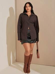 SHEIN Tall CURVE 大尺碼女款優雅商務休閒棕色鈕扣收腰襯衫，秋季辦公正式穿搭 - 咖啡棕 - 查看 7