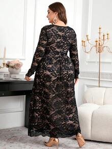 Reflora Curvy Plus-Size Women's V-Neck Lace Long-Sleeved Slit Dress,Beige,Autumn,Elegant,Wedding Guest Luxury Evening Graduation Party Christmas Black Dress - Black - View 8