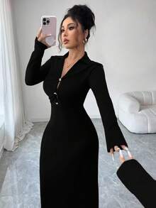 Modelyn 法式修身连衣裙，V领设计，金属装饰纽扣，收腰设计，显瘦效果 - 黑色 - 查看 5
