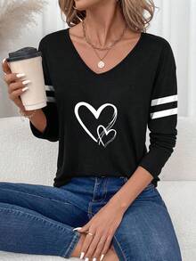 SHEIN LUNE Casual Minimalist Regular V-Neck Heart Print Long Sleeve T-Shirt For Women, Suitable For Autumn/Winter, Suitable For Outings, Suitable For Work Commute, Chic, Homewear - Black - View 6
