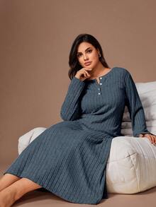 Lazeform 女士大码休闲简约罗纹磨毛长袖长款睡袍，冬季 - 藍色 - 查看 6