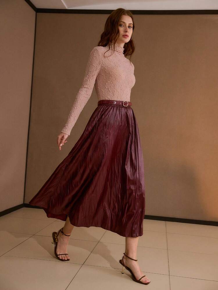 PU LEATHER SOLID TEXTURED ELASTIC WAIST SKIRT