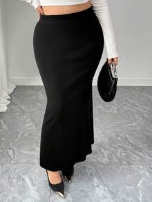 Dazy Plus 纯色优雅弹力腰修身裹身鱼尾裙，秋冬毛衣裙 - 黑色 - 查看 3